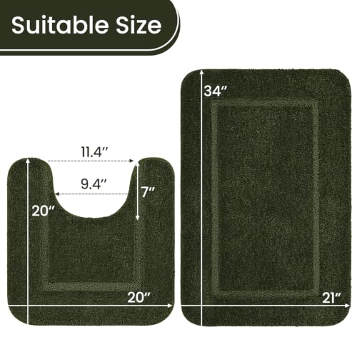 LOCHAS Bathroom Rug Set Olive Green, Soft Bath Rug Set 2 Piece Set, Toilet Mat U-Shaped 20x20 and 34x20 Bath Rugs, Quickly Dry Mats for Bathroom, Tub, Washable, Super Absorbent Floor Mat - color: Olive Green, size: 34" x 20" Plus 20" x 20" (U-Shape)