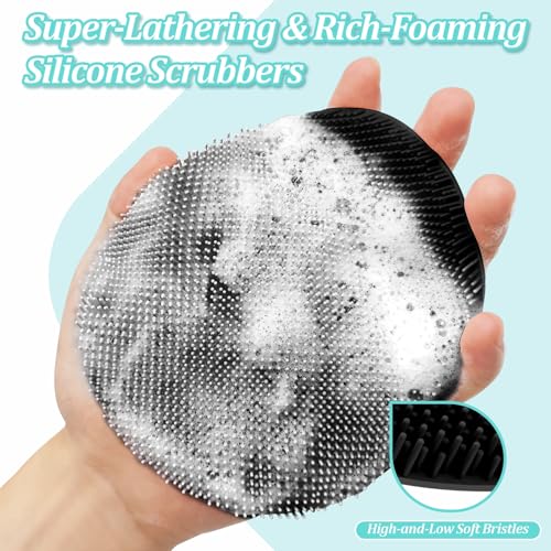 Upgrade Silicone Bath Glove with Straps, 360° Anti-Slip & Enlarged Exfoliating Body Scrubber for Rich Foaming Deep Cleaning, No-Grip & Hand-fit Shower Scrubber for All Skin Types(Blackx2) - color: Black*2