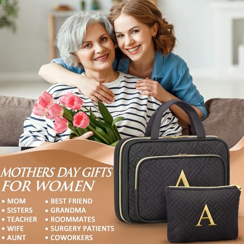 Personalized Gifts for Women, Initial Toiletry Bag Hanging Travel Organizer & Makeup Cosmetic Bag with Embroidery Letter Teacher Appreciation Gift Birthday Mothers Day Gifts for Mom Wife Friend Sister - style: A