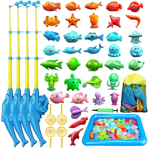 TOY Life 4-Player Magnetic Fishing Game for Kids 3-5 - Toddler Fishing Pole Set with Fish Toys - Bath & Pool Toys - Water Table Accessories - Educational Fishing Toy Rod for Boys Girls - color: 4 Kids Fishing Pole With Inflatable Pool