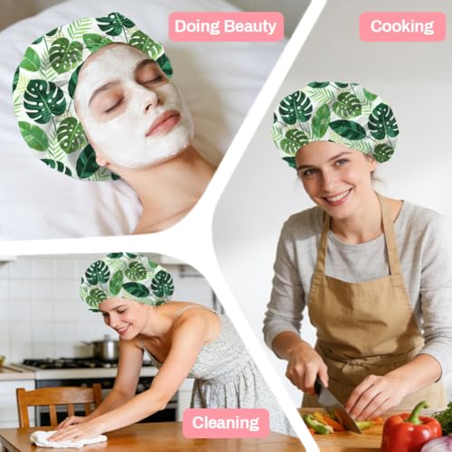 Tropical Leaves Reusable Shower Cap Green Monstera Double Layer Waterproof Shower Caps Large Elastic Hair Cover Adjustable Hair - Drying Caps for Woman Man Bath SPA Travel One Size Fits Most - color: Tropical Leaves