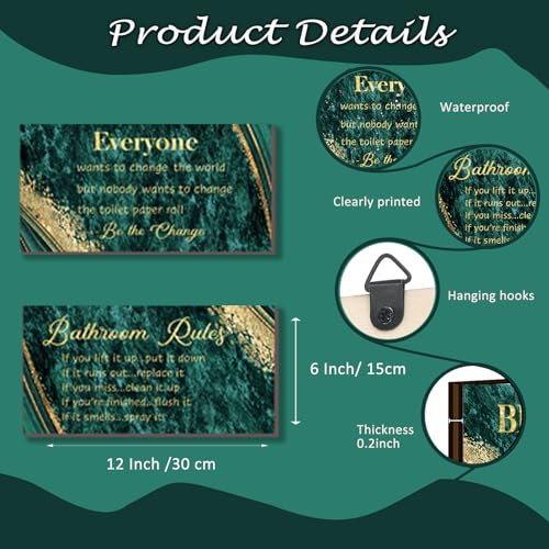 DONFENTHY 2 Pieces Green Gold Bathroom Rules Wall Art Green Gold Bathroom Decor Signs Rustic Farmhouse Wooden Sign for Toilet(12x6") - color: Green