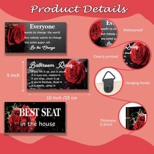DONFENTHY 3 Pcs Red Bathroom Rules Decor Rustic Farmhouse Wooden Best Seat in The House Rose Hanging Wall Art Toilet Bathroom Accessories(Red 10x5") - color: Red