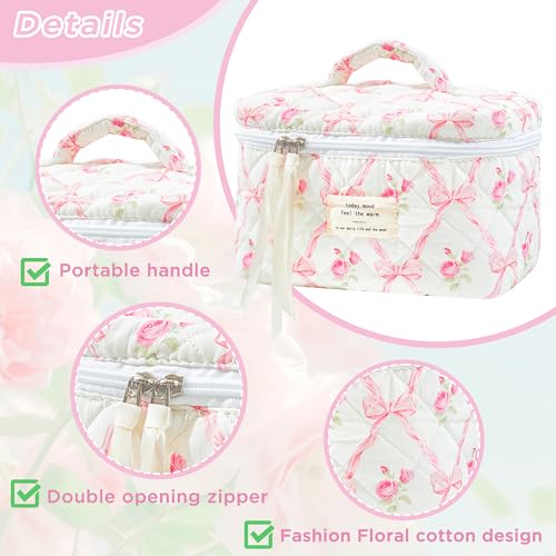 Sminra Makeup Bag Large Travel Quilted Cosmetic Bag Organizer, Floral Cotton Coquette Aesthetic Toiletry Bag Gift for Women Girls (Pink Bow Flowers-L) - color: Pink Bow Flowers-L