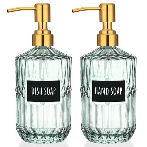 Segbeauty 15.2oz Glass Shampoo and Conditioner Dispenser with Label Stickers, 2pcs Green Glass Soap Dispensers with Stainless Steel Pump, 450ml Lotion Pump Bottle Liquid Containers for Cream Body Wash - color: Green Gold, size: 15.2oz/450ml