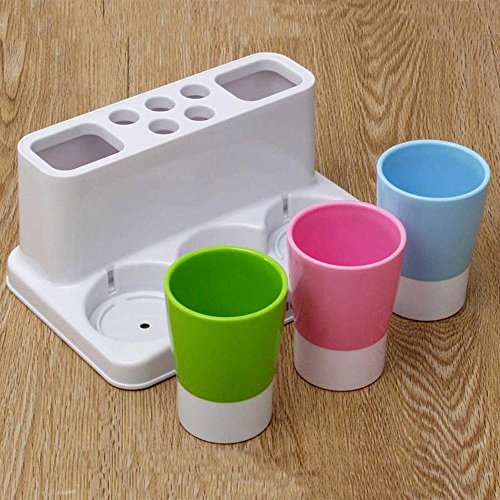 Bathroom Toothbrush Toothpaste Stand Organizer Plastic Storage Rack Set (3 Cups) (Blue+Pink+Green) - color: Blue+pink+green