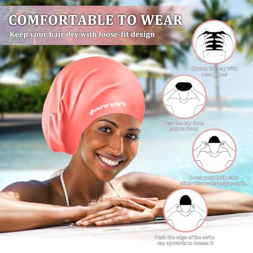 Extra Large Silicone Swim Cap for Long Hair and Protective Styles–Waterproof Swimming Cap for Men and Women with Dreadlocks, Weaves, Extensions, Braids, Curls, and Afros–Keep Hair Dry - color: Pink