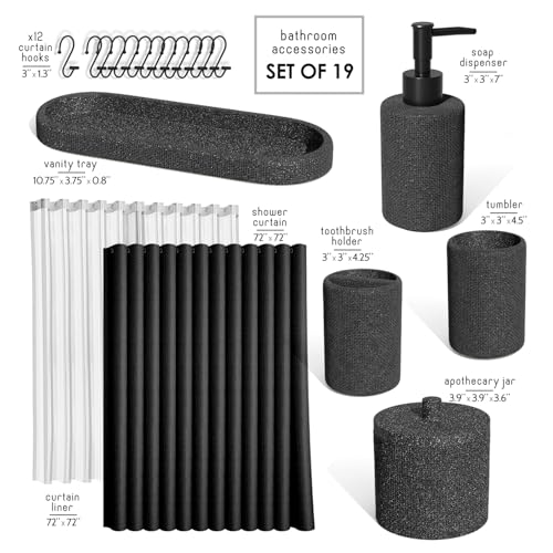 Clara Clark Bathroom Set - Coal Black Bathroom Accessories Set, 19PC Bathroom Accessory Set, Bathroom Sets with Shower Curtain Set, Soap Dispenser & Toothbrush Holder - color: Coal Black, size: Complete Set