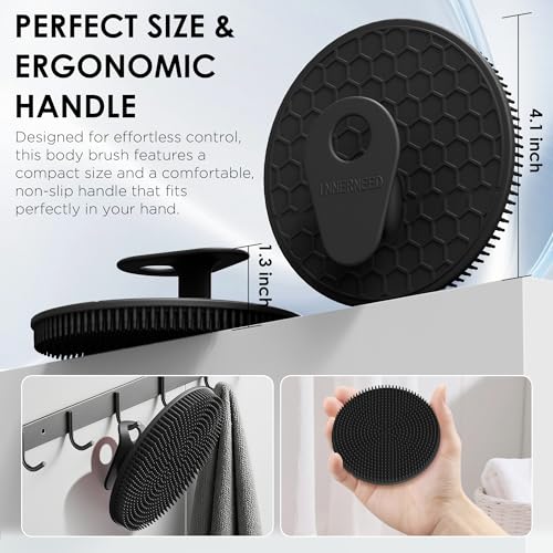 INNERNEED Food-Grade Silicone Body Scrubber Gentle Cleansing Brush with Exfoliating Net Sponge Bath Scrubbing Washcloth Case, More Hygienic and Well Lather (Black Set) - color: (Set4) Blackset