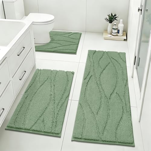 Bsmathom Bathroom Rugs Sets 3 Piece, Soft Non Slip Microfiber Bath Mat and U-Shaped Contour Toilet Rug, Machine Washable Absorbent Shaggy Bathroom Set, Green - color: Green