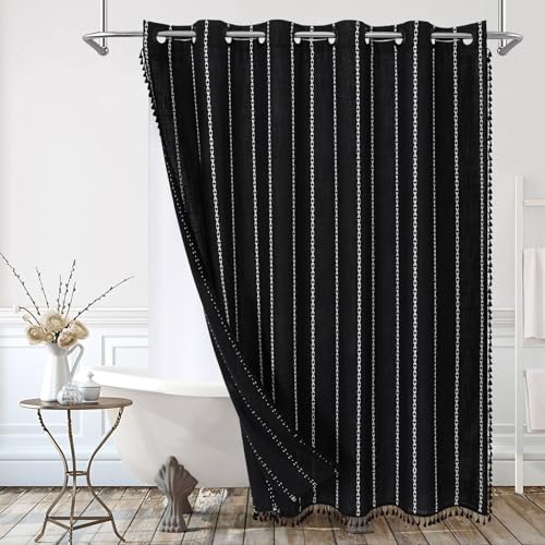 MitoVilla No Hooks Required Boho Farmhouse Shower Curtain with Snap-in Liner, Cotton Linen Fabric Shower Curtains with Tassels for Rustic Neutral Bathroom Decor, Black and White, 72 x 74 - color: Black