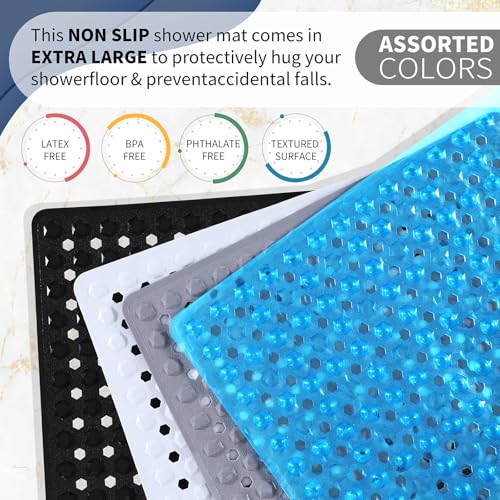 Yimobra Square Shower Floor Mat Non Slip, 21"X21" Machine Washable Bath Tub Mat, Soft on Feet, Bathmat with Drain Holes and Suction Cups, Fast Draining, Black - color: Black, size: 21 X 21 Inch