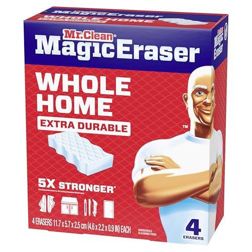 Mr. Clean Magic Eraser Sponge, All Purpose Cleaner, Cleaning Scrubber, Wall, Sneaker, Kitchen, Bathroom, Shower Cleaner, Cleaning Supplies, Melamine Sponge, Cleaning Pads, Extra Durable, 4ct - size: 4 Count (Pack of 1), style: Upgraded Version