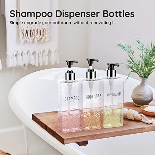 Segbeauty 3pcs Clear Soap Dispenser, 16.9oz Refillable Shampoo Conditioner Bottles, 500ml Empty Plastic Square Body Wash Dispenser for Shower Bathroom Press Pump Bottle Liquid Container Set - color: Clear, style: 16.9oz-Silver Pump