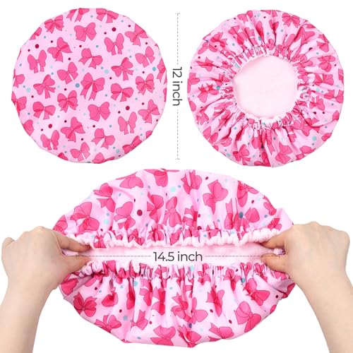 Aileam Pink Bow Shower Cap for Women, Terry Lined Bath Cap Large Reusable Waterproof Shower Hair Cap for Long Thick Hair - color: Bow