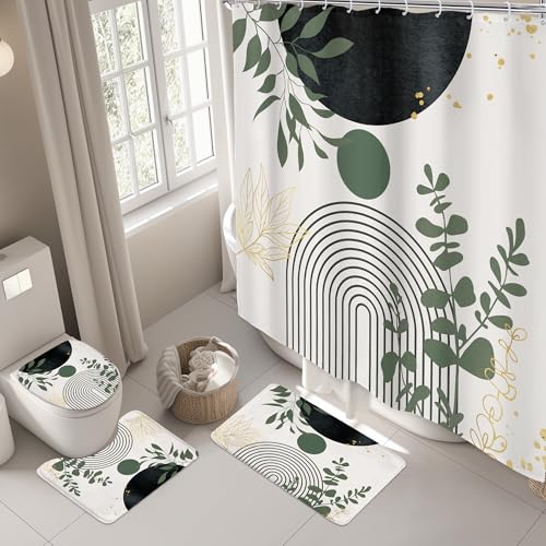 Riyidecor Boho Dark Green 4Pcs Bathroom Shower Curtain Sets Mid Century Abstract Modern Minimalist Bathroom Decor Set with Rugs and Accessories Leaf Toilet Lid Rug, Contour and Bath Mat with 12 Hooks - color: 04dark Green