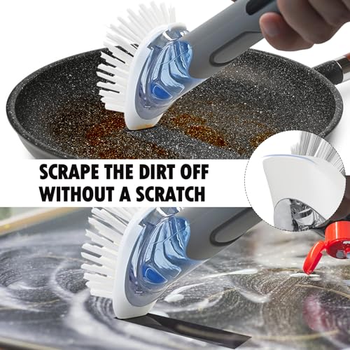 Soap Dispensing Replacement Dish Brush Storage Set with 2 PCS Brush Refills & Holder - RIMAY Dispenser Scrub Cleaning Scrubber Kitchen Dishwashing Dish Wand Handle for Dishes/Pans/Pots/Sink(Grey) - color: Gray