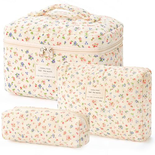 HBselect Quilted Makeup Bag, 3PCS Cotton Large Travel Makeup Bag, Cute Floral Coquette Make up Bag Cosmetic Bag Toiletry Bag for Women Girls - color: A-3PCS-Floral 12