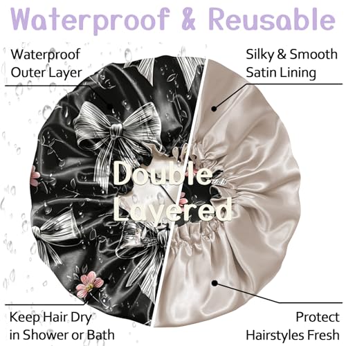 Luxury Shower Cap Silk Satin Lined Waterproof Reusable Adjustable Elastic Dry Hair Bathing Caps Cute for Women Girls-Grey Bowknot - color: C--7-Grey