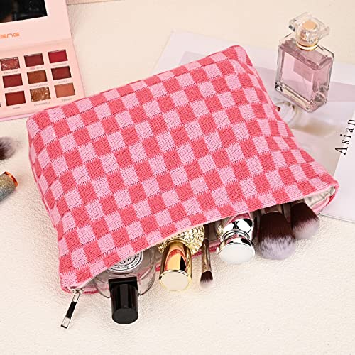 SOIDRAM 2 Pieces Makeup Bag Large Checkered Cosmetic Bag Capacity Canvas Mix Travel Toiletry Bag Organizer Cute Makeup Brushes Aesthetic Accessories Storage Bag for Women, Checkered Mix Rose Red - color: Rose red