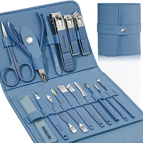 Manicure Set Professional Nail Clippers Pedicure Kit, 16 pcs Stainless Steel Nail Care Tools Grooming Kit with Luxurious Travel Leather Case for Thick Nails Men Women Gift (Blue) - color: Blue