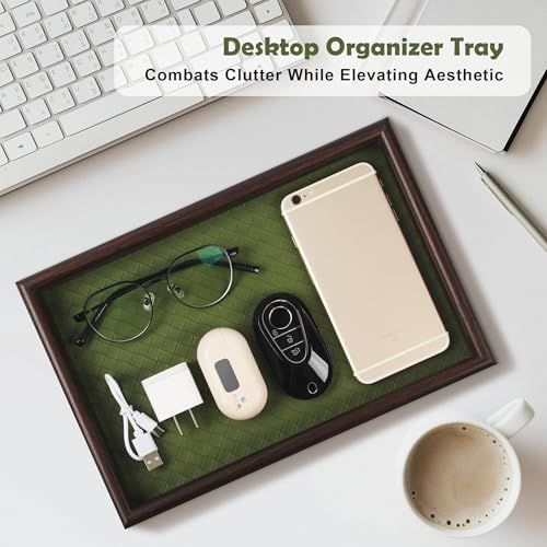 Wooden Valet Tray with Leather Base - Nightstand Catchall Organizer for Cologne, Perfume, Keys, Wallet, Phone, Watch, Jewelry & Sunglasses (2Pcs Green) - color: 2Pcs Green