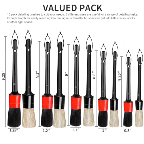 Detailing Brush Set - 10 Pcs Detail Brushes Car Detailing, Auto Boar Hair Car Detailing Kit for Cleaning Interior Exterior - Vehicles Wheels Leather Engine Dashboard - color: Car Detail Brushes Black+red