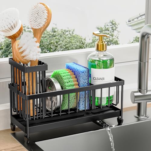 Cisily Sponge Holder for Kitchen Sink, Sink Caddy Organizer with High Brush Holder, Kitchen Countertop Organizers and Storage Essentials, Rustproof 304 Stainless Steel (Black, 9.25″) - color: Black - 9.25″