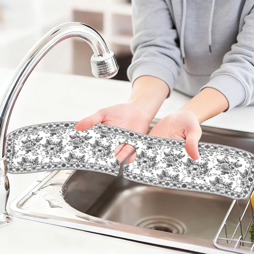 2 Pcs Kitchen Sink Splash Guard Faucet Mat Black Sketch Flowers Pattern Faucet Mat for Sinks Absorbing Drying Mats for Kitchen Bathroom - color: Black Sketch Flowers