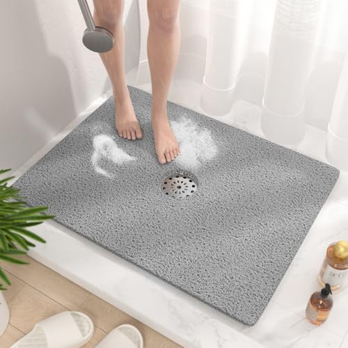 HITSLAM Shower Mat, 32 x 24 Inch Non Slip Bath Mat for Tub, Soft PVC Loofah Bathtub Mats with Drain Holes, Quick Drying Bathroom Stall Floor Mat, Bathroom Accessories Without Suction Cup, Grey - color: Grey, size: 32" x 24" (Rectangular)