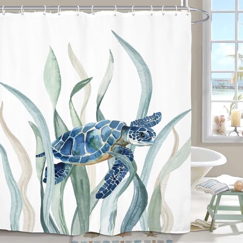 Turtle Seaweed Shower Curtain 60Wx72L Inch Sea Ocean Underwater Undersea Blue Green Watercolor Bathroom Set Accessories Decor with 12 Pack Hooks - color: Blue Green, size: 60"W x 72"L (Pack of 1)
