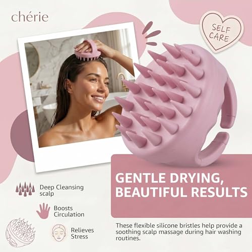 chérie Microfiber Hair Towel Wrap & Silicone Scalp Massager Brush Set - Ultra Absorbent Fast Drying Hair Towel - Anti Frizz Wet Hair Wrap & Soft Silicone Scalp Scrubber for All Hair Types - (Pink)