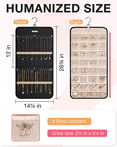 BAGSMART Hanging Jewelry Organizer Storage Roll with Hanger Metal Hooks Double-Sided Jewelry Holder for Earrings, Necklaces, Rings on Closet, Wall, Door, 1 piece, Medium, Black - color: Black, size: Medium