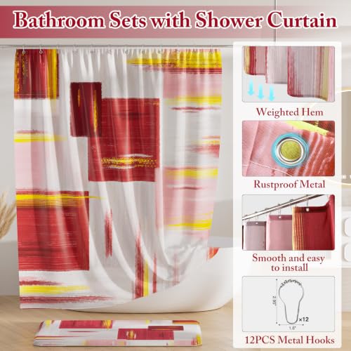 XLHOMO Bathroom Set - Burgundy Bathroom Accessories Set, Bathroom Sets with Shower Curtain and Rugs, Burgundy Shower Curtain Set with Bathroom Trash Can, Soap Dispenser, Soap Dish for Home Decor - color: Plaid Burgundy & Gold, size: Complete Set + Bath Ru