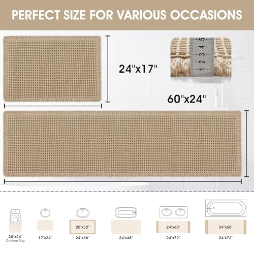 Upgraded Waffle Bath Mat Set 2 Piece Beige, Super Absorbent Non-Slip Quick Dry Bathroom Rugs with Tassels, Machine Washable Ultra Soft Boho Bath Rugs for Floor, Toilet Mats Boho Farmhouse Decor - color: Beige, size: 24"x17"+5'x2'
