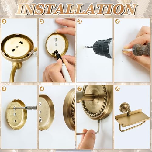 2 Pcs Antique Brass Braided Towel Ring and Toilet Paper Holder with Shelf, Wall Mounted Gold Tissue Roll Holder Hand Towel Ring Bathroom Hardware Accessories Set