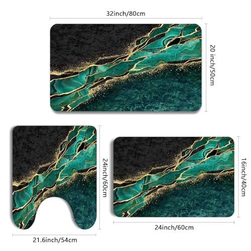 Black and Gold Green Bathroom Rugs,Emerald Green Marble Hunter Dark Green Bath Rug Set 3 Piece,Abstract Modern Rubber Quick Dry Super Absorbent Bath Mat - color: Green Gold Marble