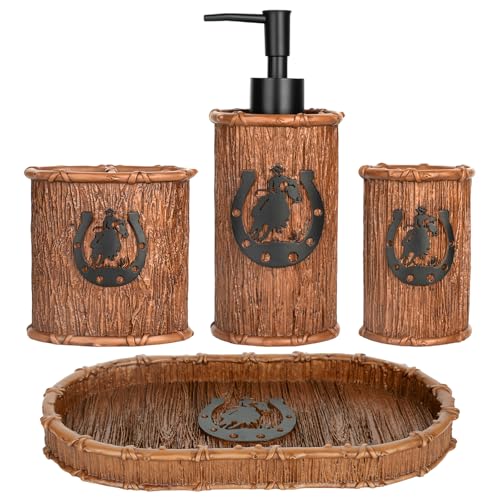 Bathroom Accessory Sets 4PCS Bathroom Accessories Set Complete Western Rustic Horseshoes Decoration Includes Lotion Dispenser Toothbrush Holder Tumbler Cup & Vanity Tray - color: Brown, size: Tray