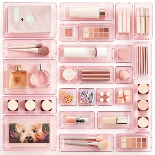 Vtopmart 25 PCS Plastic Drawer Organizers Set, 4-Size Versatile Bathroom and Vanity Drawer Organizer Trays, Storage Bins for Makeup, Bedroom, Kitchen Gadgets Utensils and Office - color: Clear Rose Glod