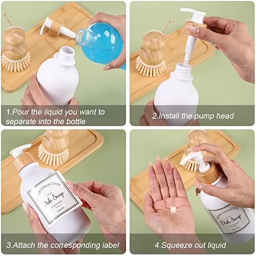 Zopeal 4 Pcs 16 oz Kitchen Soap Dispenser Set with Bamboo Tray and Dish Brush Plastic Soap Dispenser Set with Waterproof Labels for Hand Dish Lotion(Frosted White) - color: Frosted White