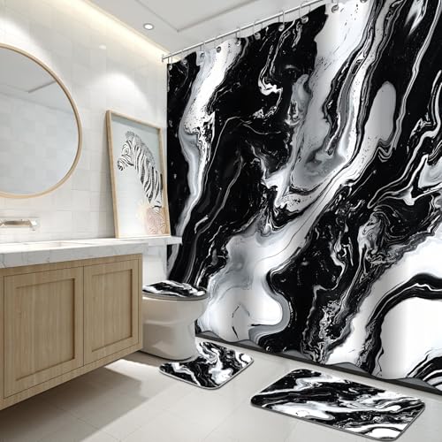 Lnond 4Pcs Marble Bathroom Sets with Shower Curtain and Rugs, Black Marble Modern Art Bathroom Shower Curtain Sets with Rugs and Accessories - color: Black Marble