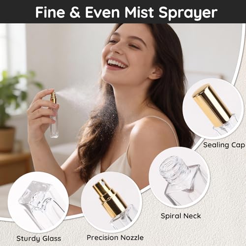 Segbeauty 0.34oz Clear Glass Fine Mist Sprayer for Perfume Refill, 10pcs Mini Empty Glass Perfume Spray Bottle with Gold Cap, 10ml Refillable Travel Cologne Bottles, Small Liquid Cologne Atomizer Set - color: Clear, style: Bulk Mini Bottles