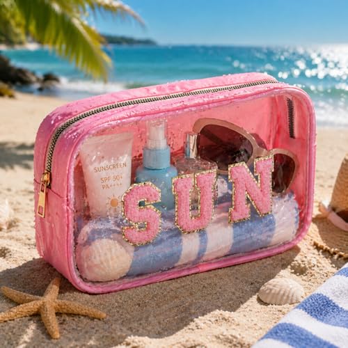 Clear Sunscreen Pink Makeup Bag with SUN Chenille Letter - Beach SPF Cosmetic Organizer, PVC Waterproof Toiletry Pouch for Women, Pool, Travel, Swimming - style: Pink-sun