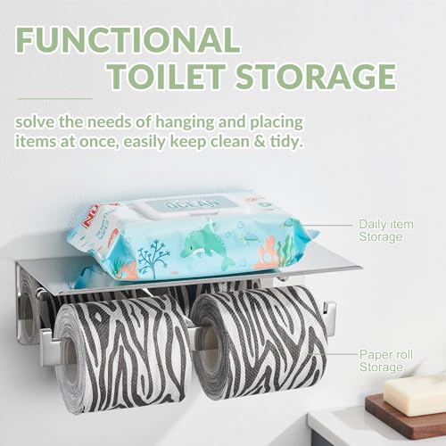 APLusee Double Toilet Paper Holder with Phone Shelf, 304 Stainless Steel Bathroom Tissue Hanger, Wall Mounted Dual Roll Paper Dispenser, Polished Chrome - color: Polished Chrome, size: Double Rod