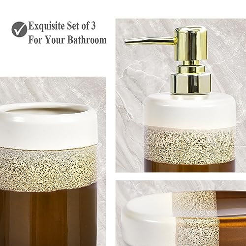 Bathroom Accessories Set of 3, Natural Reactive Glaze Ceramic Bathroom Sets Complete-Toothbrush Holders, Soap Dispenser, Soap Dish, Luxury Bathroom Decor, Bathroom Countertop Organizer, Brown Gold - size: BrownWhite3pcs