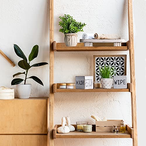 Liswit Farmhouse Funny Bathroom Decor Signs, 3 Wooden Blocks with Plant & Tray, Rustic Decoration for Bathroom Countertop