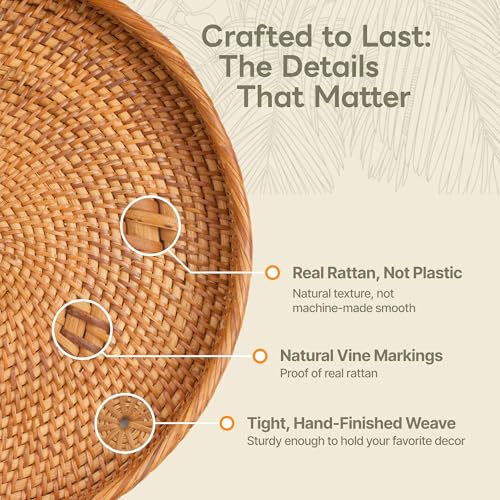Round Rattan Tray 13.5" — Hand-Woven Wicker Tray for Home Decor (Smoky Brown) - color: Smoky Brown, size: 13.5"