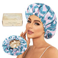 Luvruitaky Large Shower Caps for Women Reusable Waterproof Satin Lined Shower Cap with Adjustable Band Double Layer Design Luxury Washable Bath Hair Bonnet (Pink Palm) - color: Pink Palm