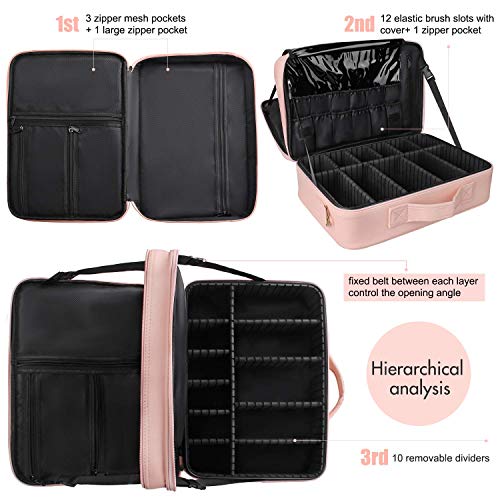 Relavel Travel Makeup Train Case Cosmetic Case Organizer Portable Artist Storage Bag with Adjustable Dividers for Cosmetics Makeup Brushes Toiletry Jewelry Digital Accessories - color: Pink, size: Large