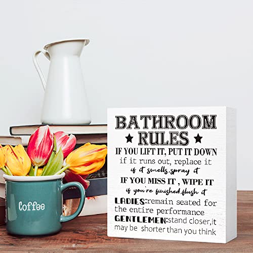 SJNH Bathroom Rules Sign Wood Block for bathroom shelf decor | ﻿ Funny Bathroom Signs Wooden Box for Shelf Washroom Toilet Restroom Shelves Decor 5"L x 5"W x 1.1"H - color: White